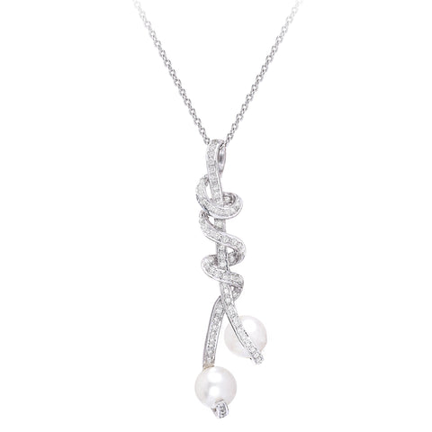 18kt Diamond & Pearl Ribbon Pendant Necklace